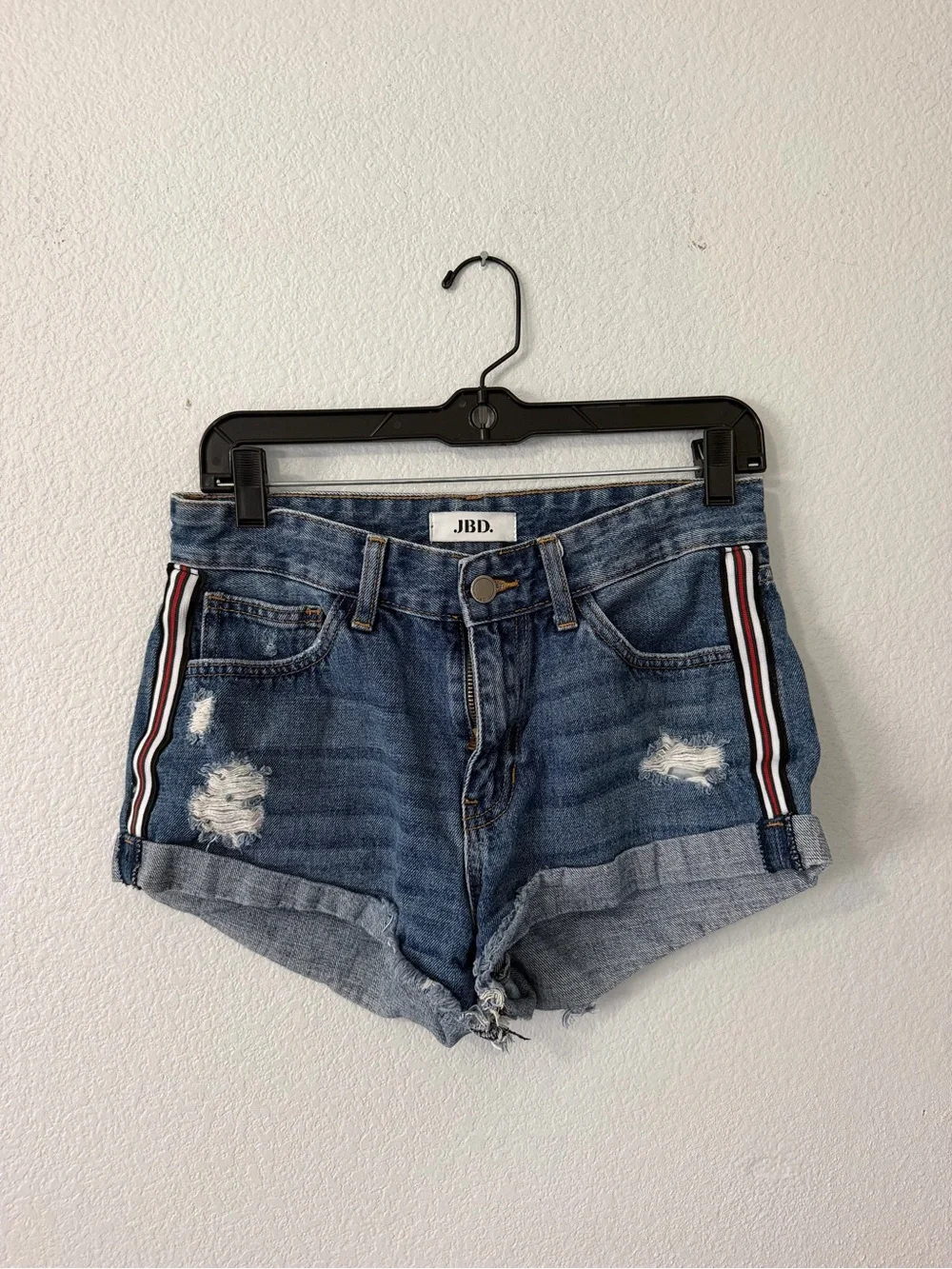 JBD High-Rise Distressed Denim Shorts in Blue with Stripe Detail size small